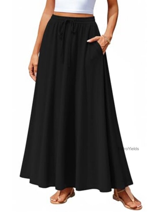 Dresses & Skirts - Flowy Maxi Skirt with Pockets Elastic Waist Pleated Boho Beach Long Skirt